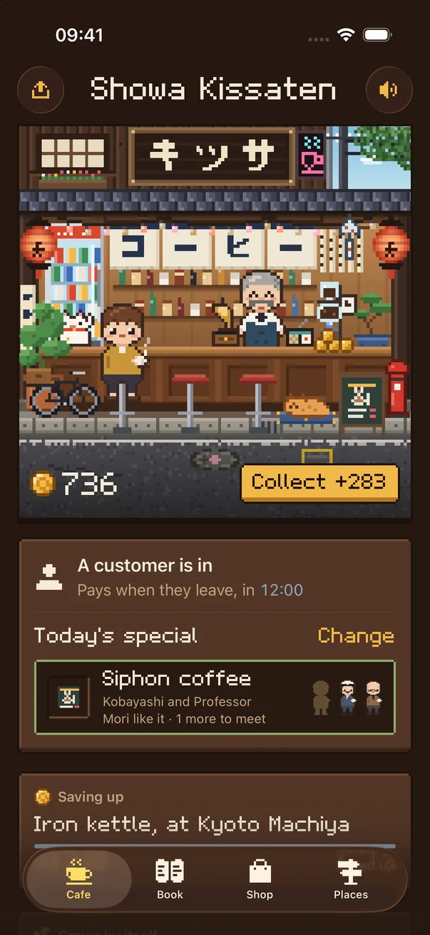The Kissa app at Showa Kissaten: a customer at the counter, 736 coins and a Collect button, today’s special siphon coffee, and saving up for an iron kettle.