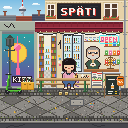 Berlin Späti: a customer on the bench outside a late-night corner shop.