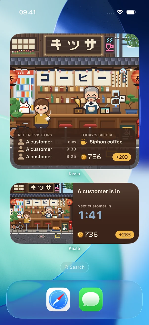 An iPhone Home Screen with Kissa’s large and medium widgets at the Showa coffee house: three recent visitors, today’s special siphon coffee, and the next customer in 1:41.