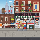 New York Diner: a cyclist in a yellow helmet at the counter outside a red-brick diner, the Empire State Building behind.